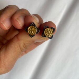 Tory Burch Babylon Resin Gold Logo Stud Earrings on Black Backing